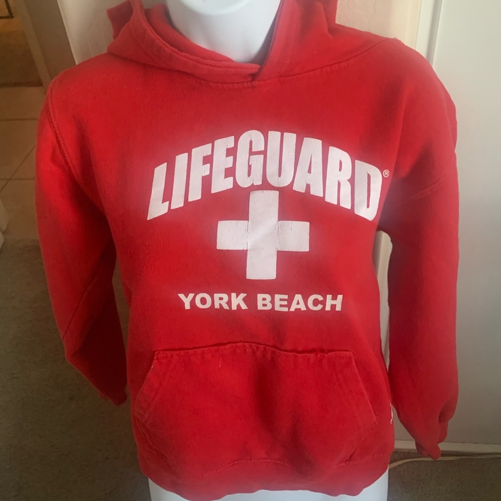 Red Lifeguard hoodie York Beach YL 14/16, some snags and loose threads. Unisex